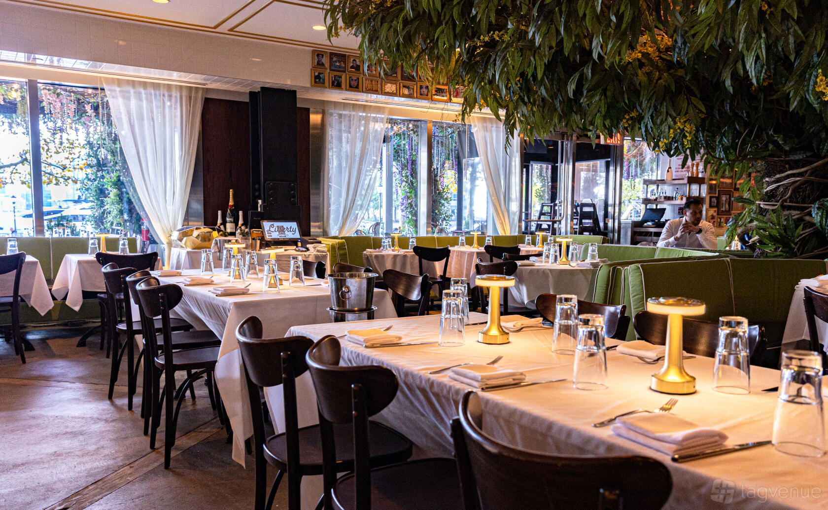 A dining room with white linen-covered tables, glassware, and leafy indoor trees at Le District.