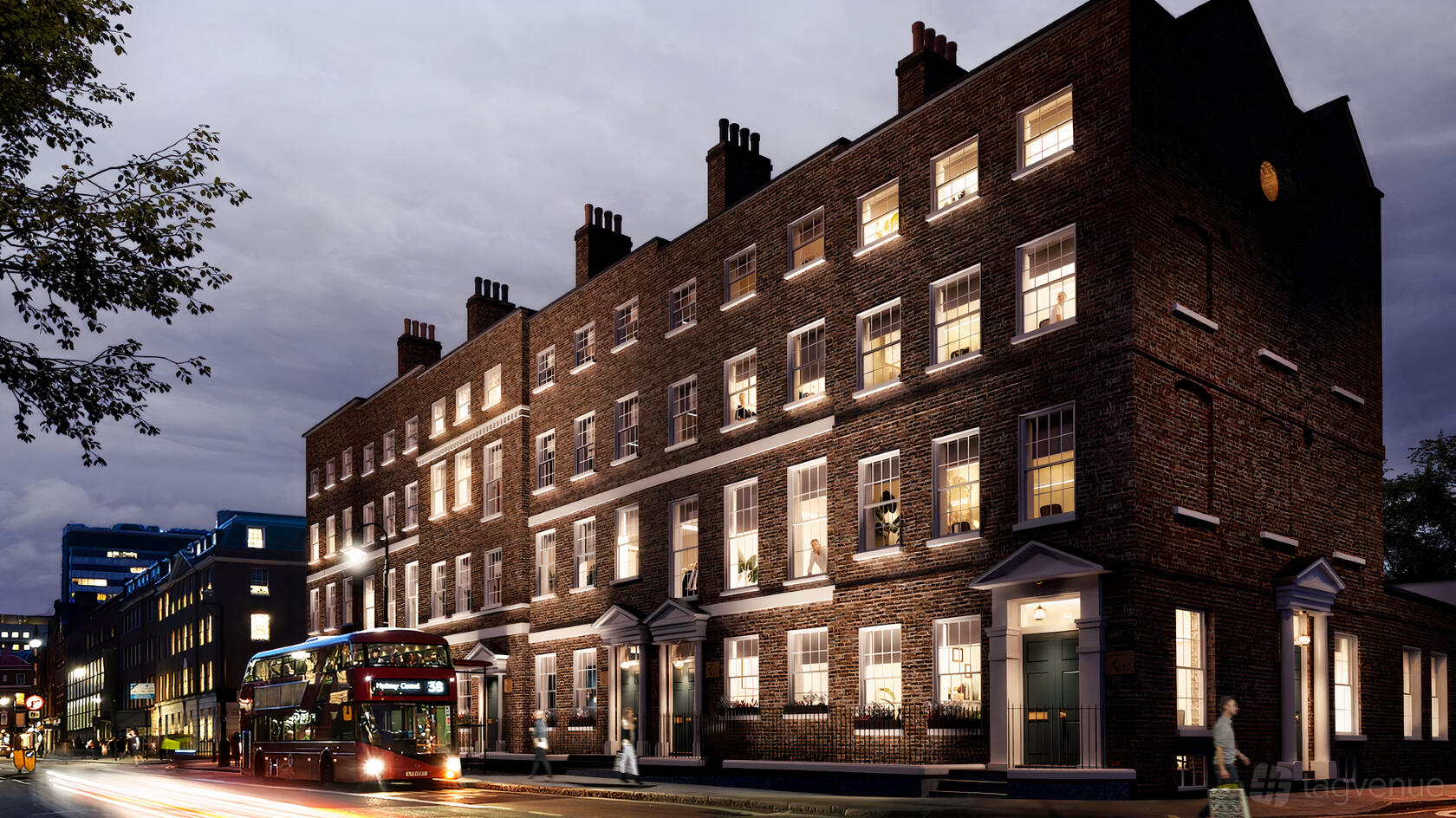 A meeting centre with a brick townhouse exterior, large sash windows, and classic columns at Theobalds Road.