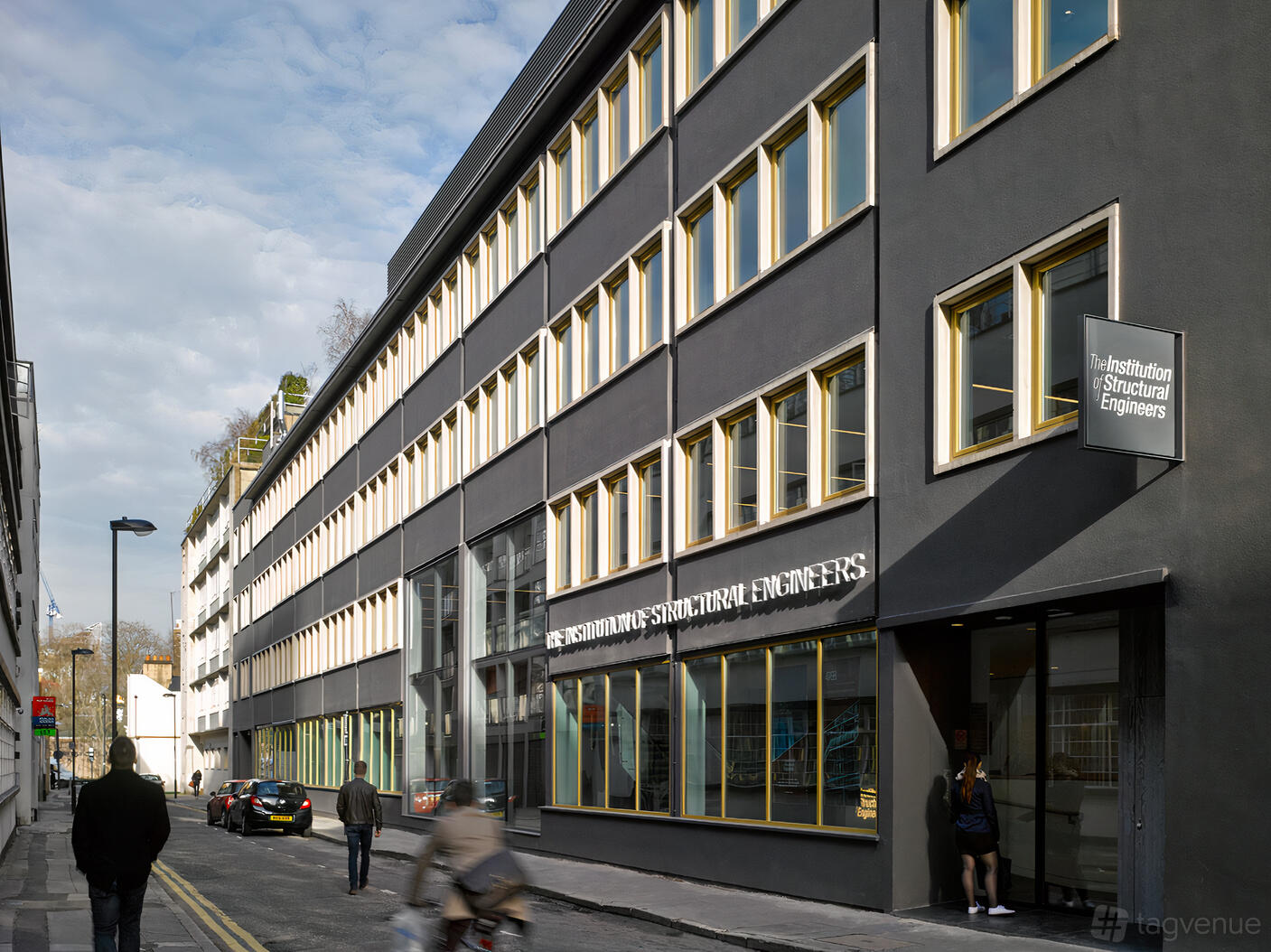 A meeting centre with a modern grey facade, large windows, and street entrance at 47-58 Bastwick Street.