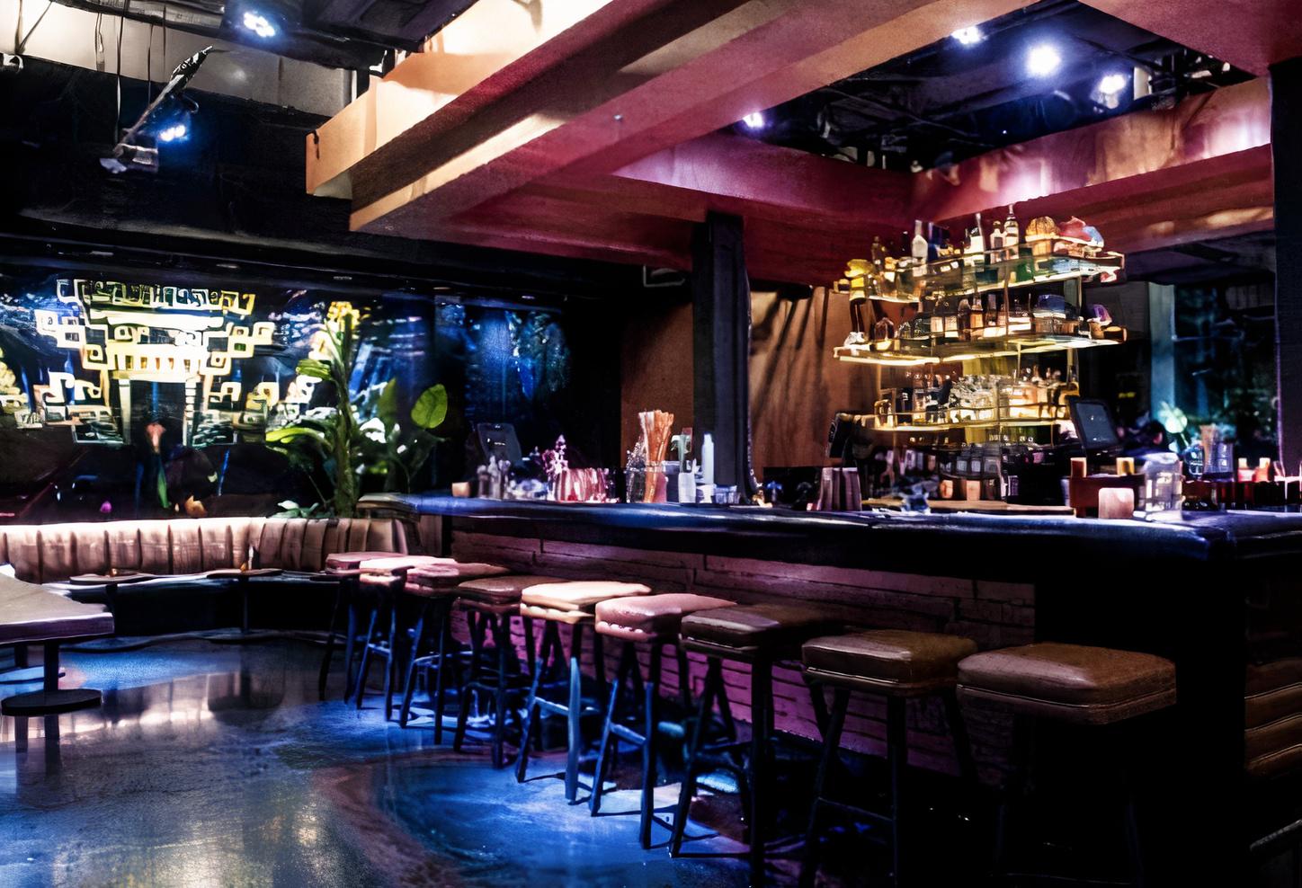 A bar with a long counter, backlit liquor shelves, cushioned barstools, and ambient purple lighting at Merkaba.