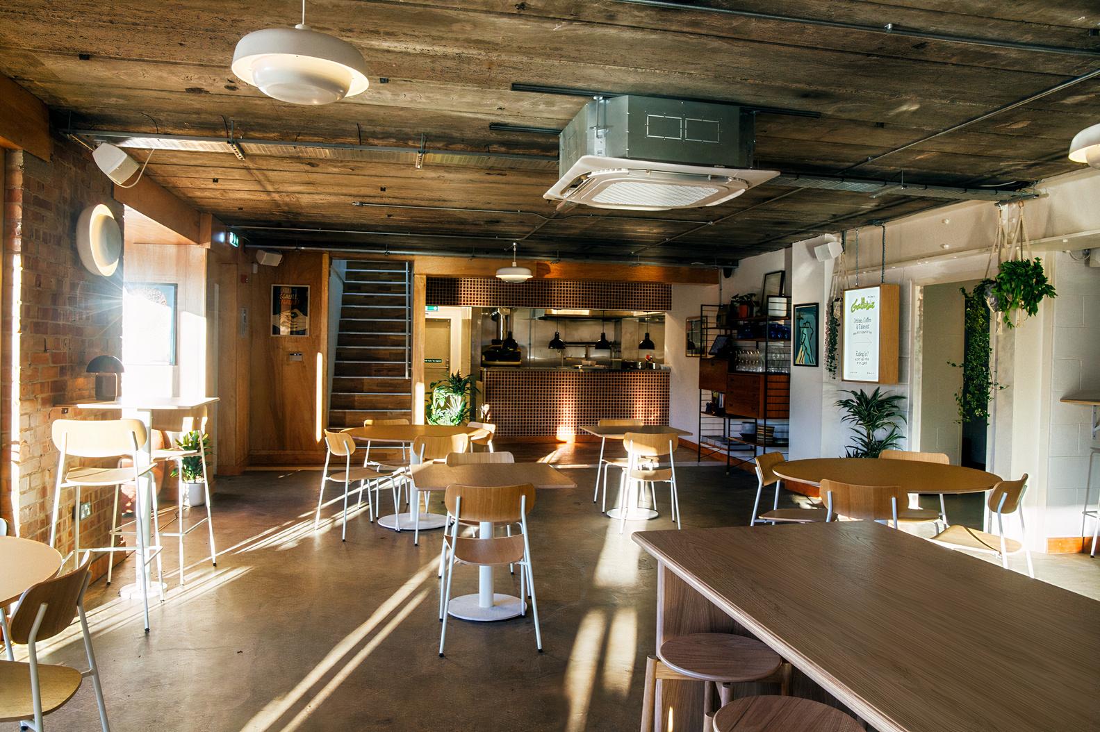 A restaurant interior with wooden tables, light wood chairs, exposed brick, and hanging plants at Galleria.