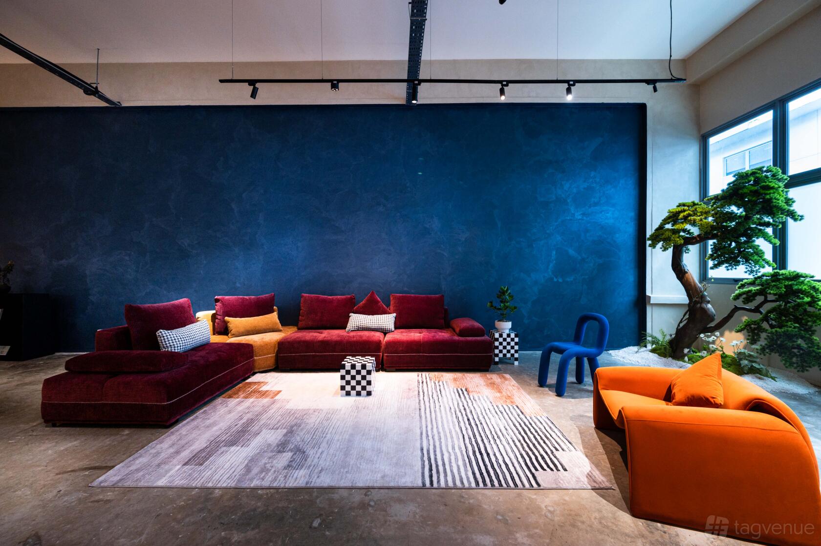 An event venue with a modular velvet sofa, abstract rug, and a decorative tree at Kulusuk Lifestyle Studio.
