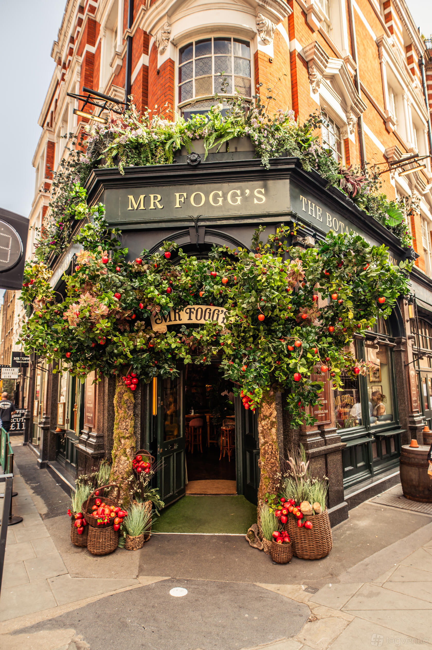 A pub with a leafy exterior entrance framed by lush greenery and artificial fruit at Mr Fogg's Botanical Tavern.