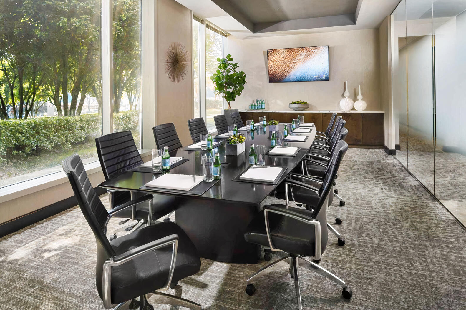 A boardroom with a long black conference table, leather chairs, floor-to-ceiling windows, and a wall-mounted screen at NorthPoint Executive Suites, Alpharetta.