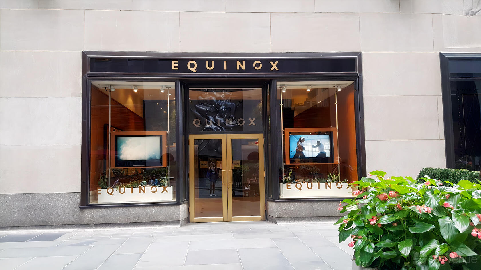 A café entrance with floor-to-ceiling windows, gold double doors, and modern signage at EQX Cafe.