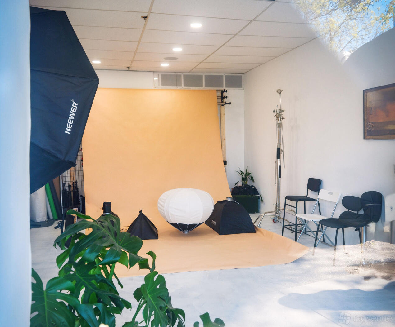 A photo studio with a beige backdrop, softboxes, lighting equipment, and folding chairs at Ninh Studio.