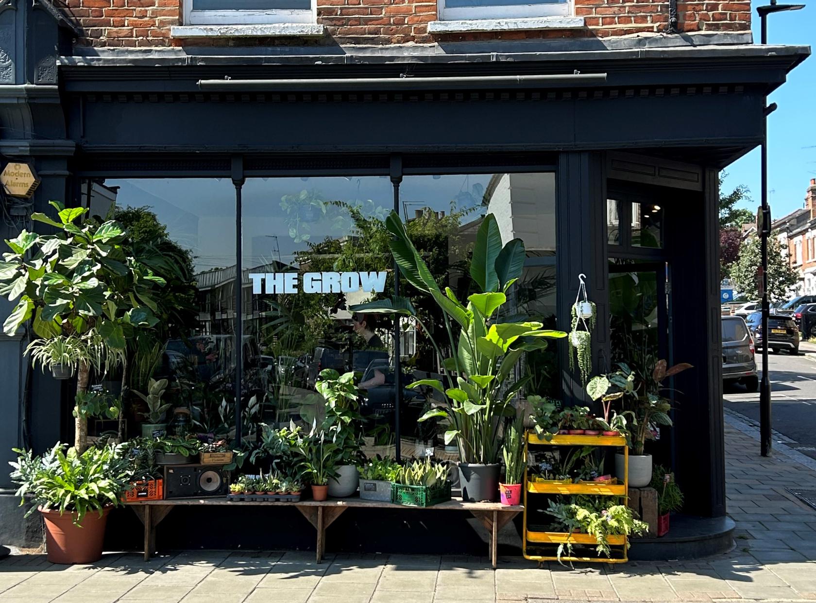 A film and photo studio with large front windows, abundant potted plants, and black trim at The Grow Ldn.
