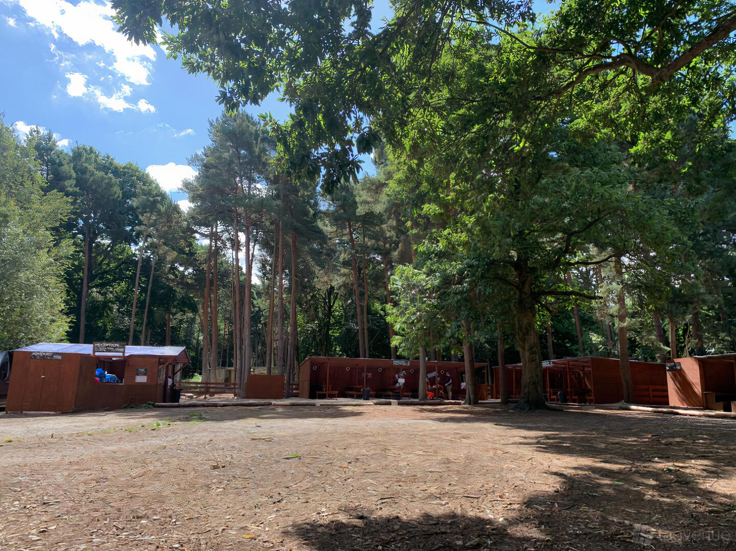 An outdoor venue with tall pine trees, wooden cabins, and open play area at Combat Laser Games.