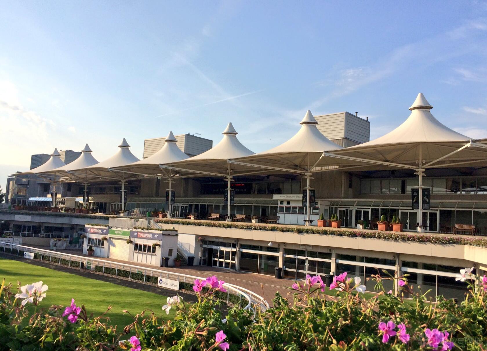 A terrace with white canopy roofs, potted plants, and overlooking a racetrack at Sandown Park Racecourse.