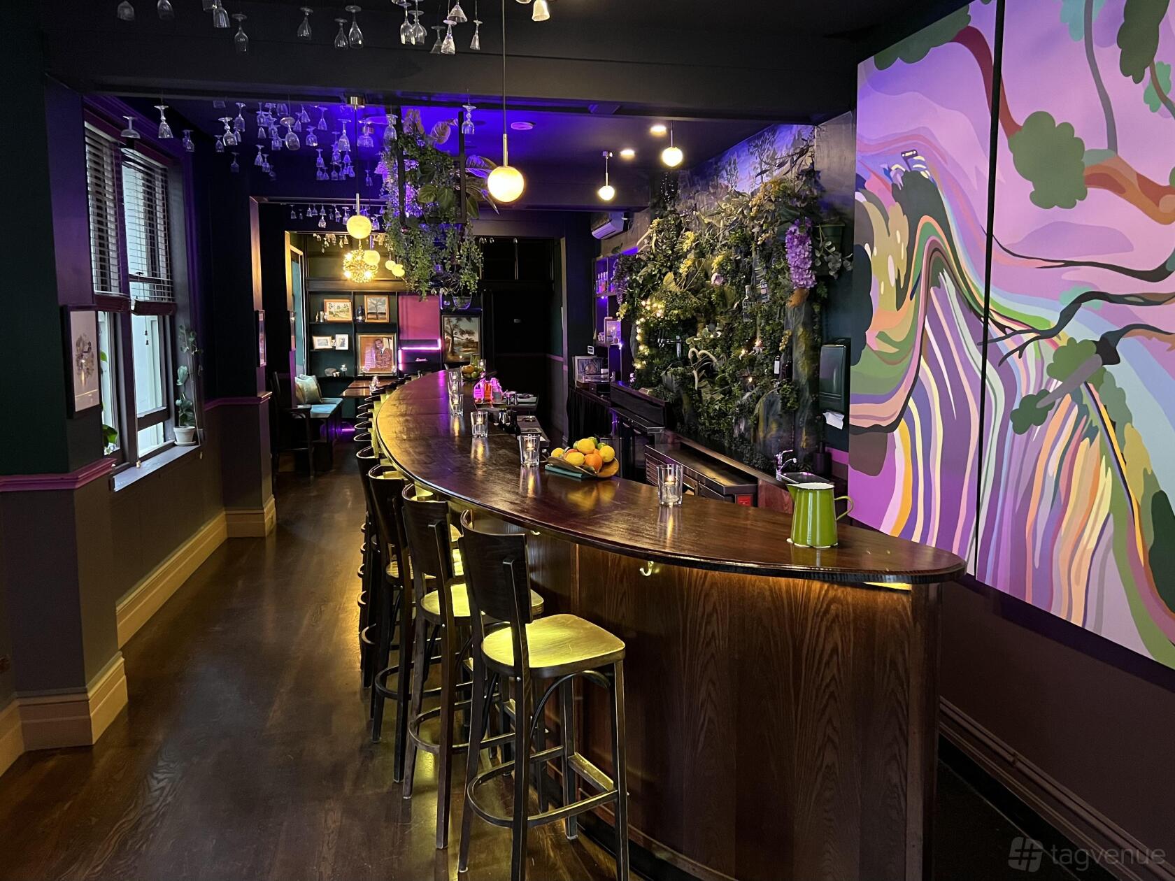 A bar with a curved wooden counter, hanging pendant lights, lush greenery wall, and colorful mural at Yarra Falls.