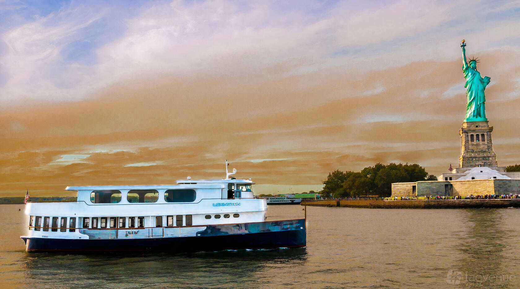 A boat with large windows sailing near the Statue of Liberty departing from Chelsea Piers Marina.