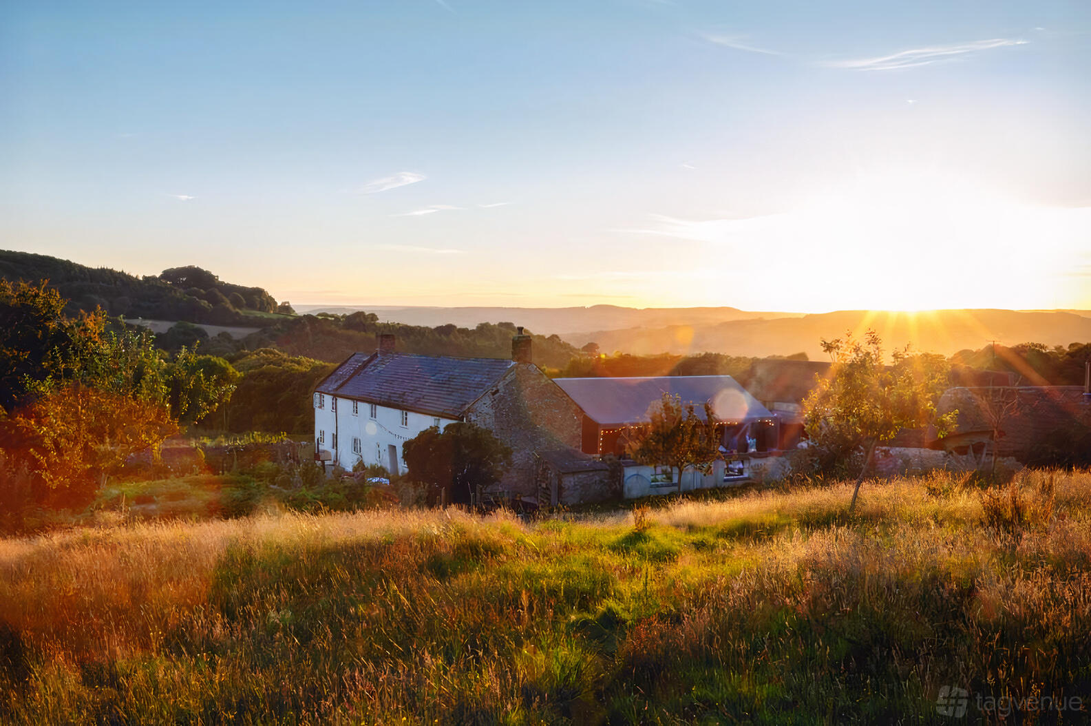 A barn and farmhouse surrounded by grassy fields and trees at sunset at River Cottage.