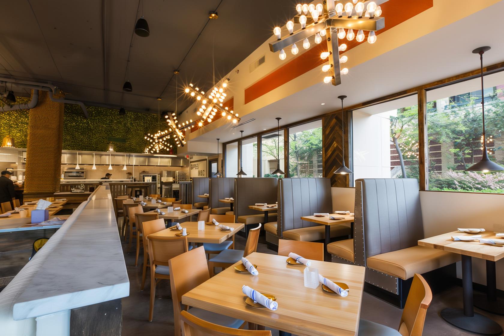 A restaurant with wooden tables, leather booths, greenery wall accents, and geometric pendant lights at Barley Mac.