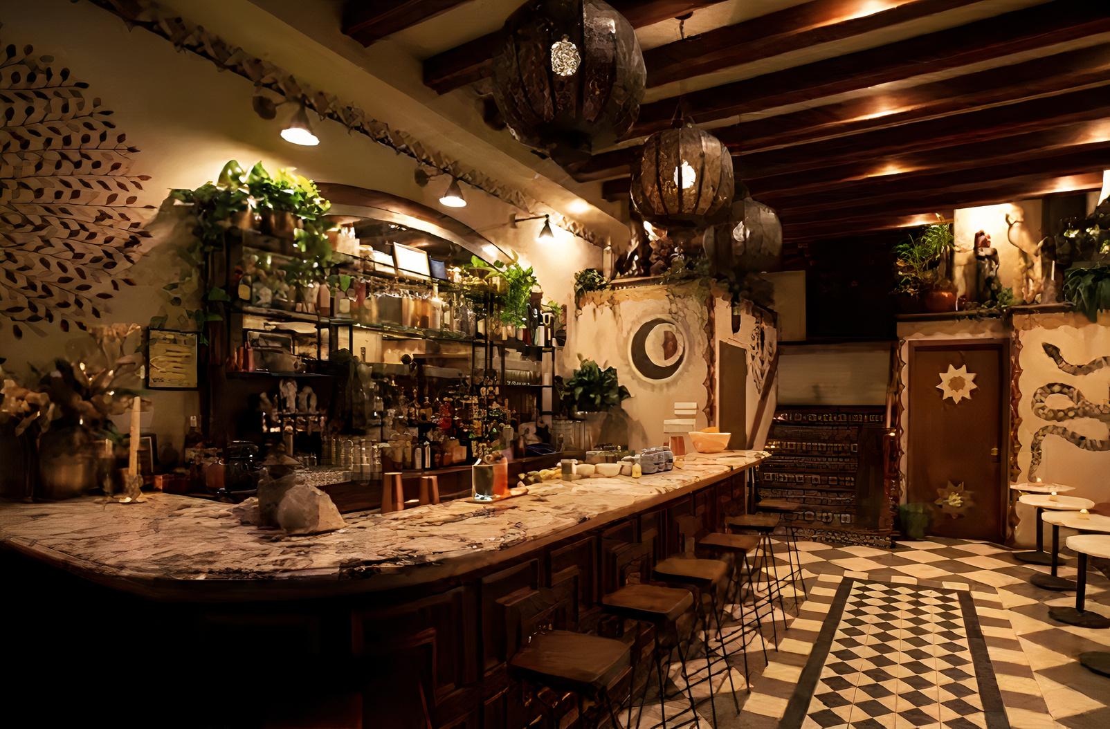 An event loft with a marble-topped bar, patterned tile floor, wood beams, and pendant lights at Gospel.