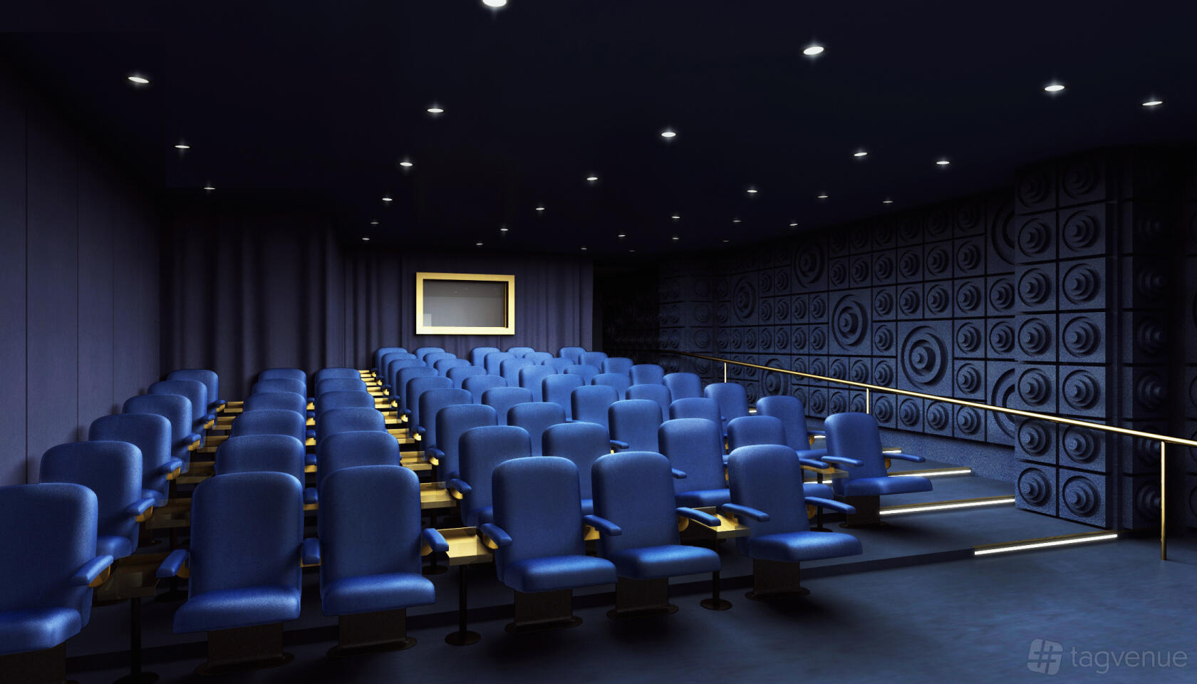 A screening room with rows of blue armchairs, dark walls with geometric patterns, and recessed ceiling lights at Sea Containers Hotel.