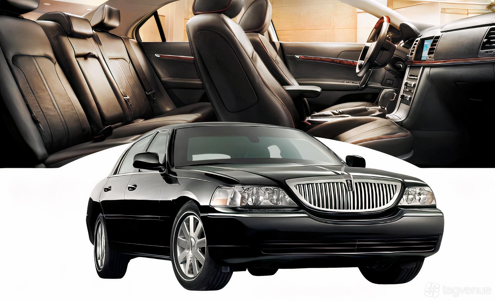 A party bus with leather seating, wood trim accents, and spacious legroom at Starlite Limousines.