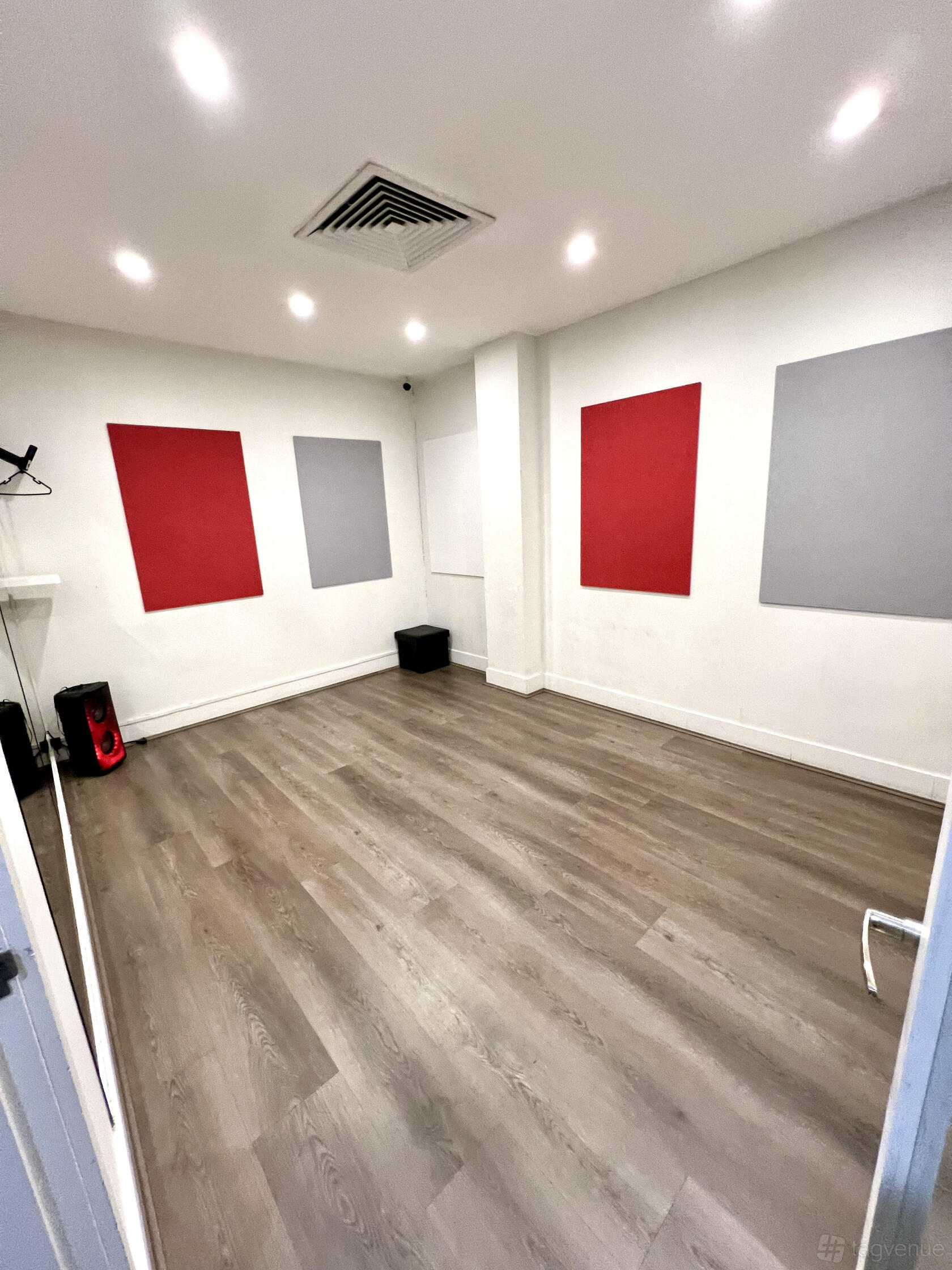 A dance studio with light wood floors and red and gray acoustic panels at Tropical Soul Dance Studio.