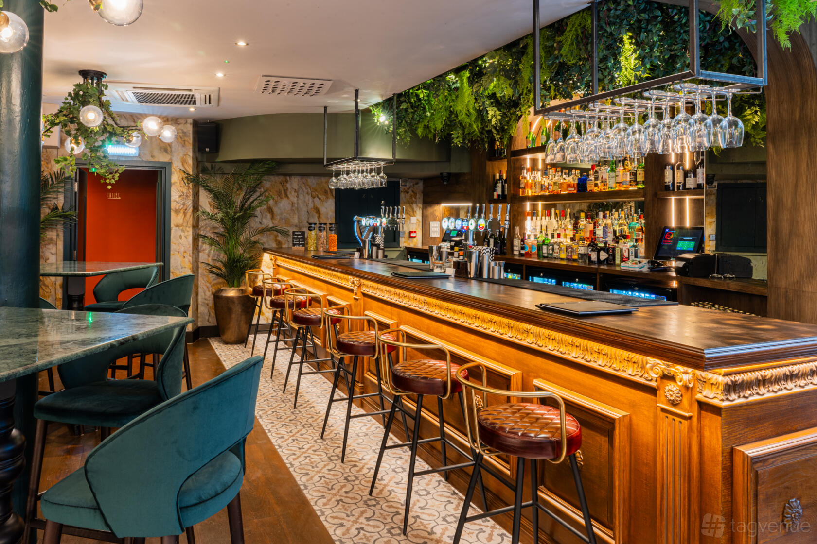 A bar with a long wooden counter, velvet barstools, hanging greenery, and shelves of spirits at Andrea Adam's Court.