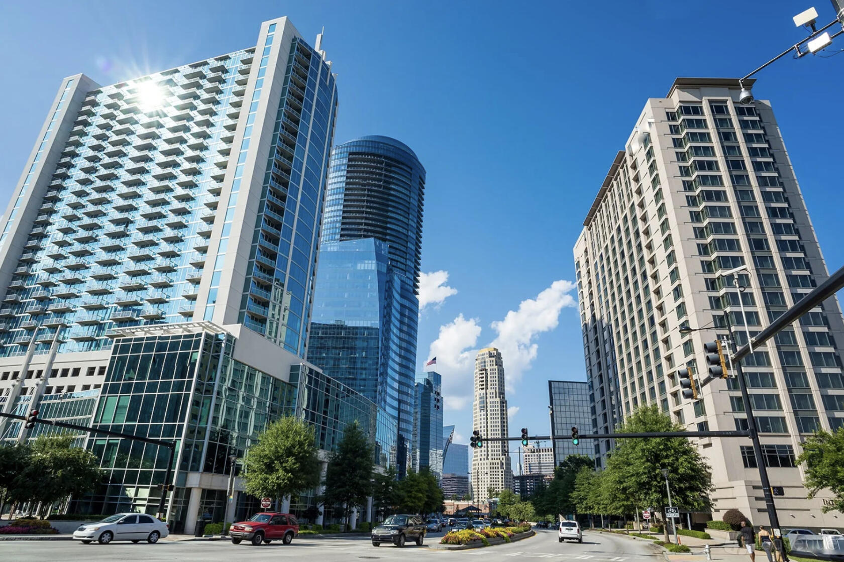 An urban versatile event space surrounded by tall glass buildings and city streets at Buckhead.