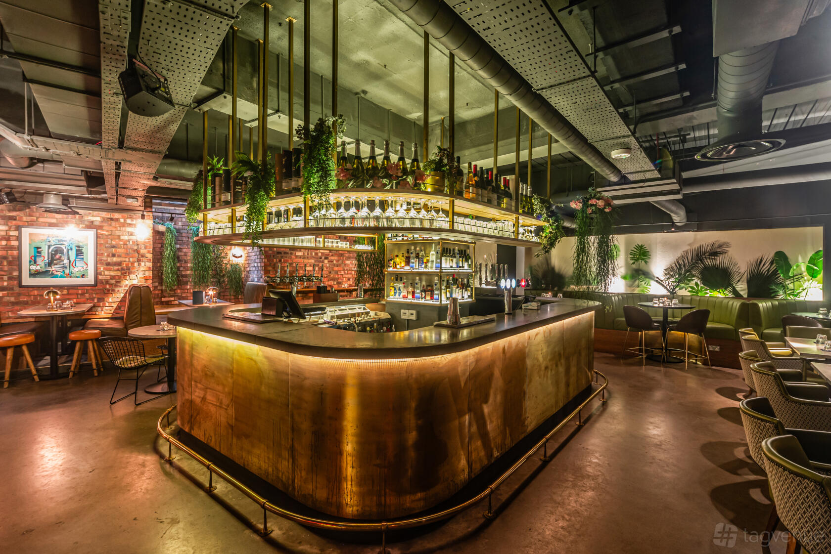 A pub bar with a curved brass counter, hanging glassware, and greenery accents at The Wren Tavern.