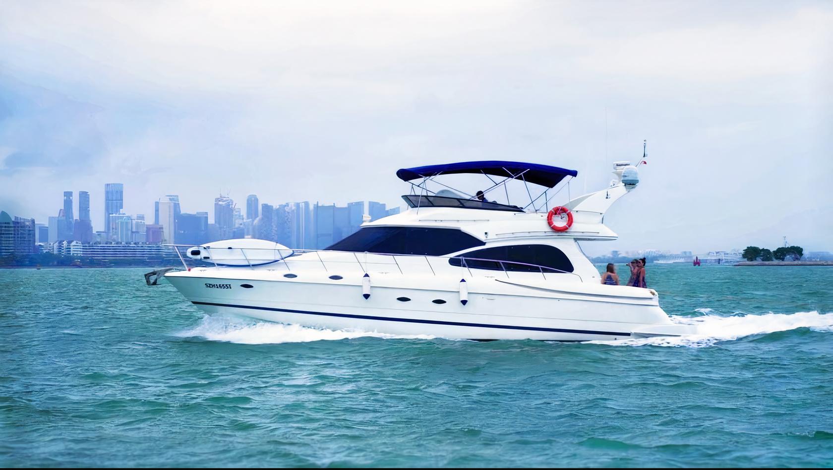 A sleek white boat with a blue canopy cruising on open water near a city skyline at Why Knot 1.