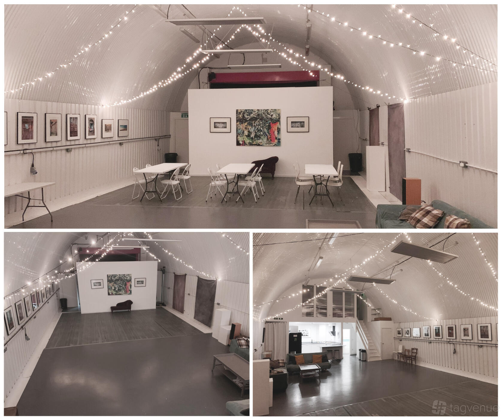 An event venue with white vaulted ceilings, string lights, and framed artwork on the walls at Penda Studios.