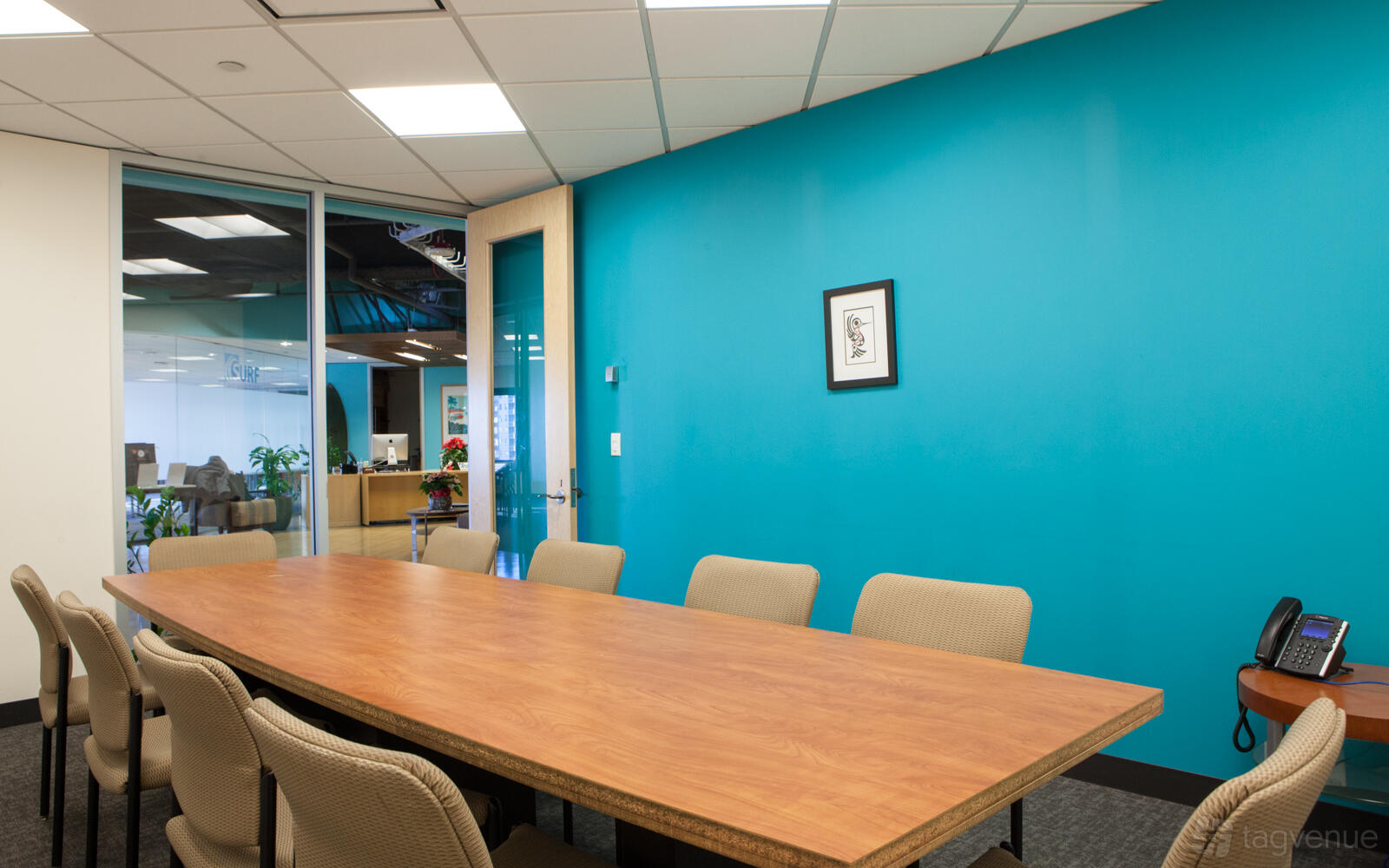 A meeting room with a long wooden table, beige chairs, and a turquoise accent wall at SURF Incubator.