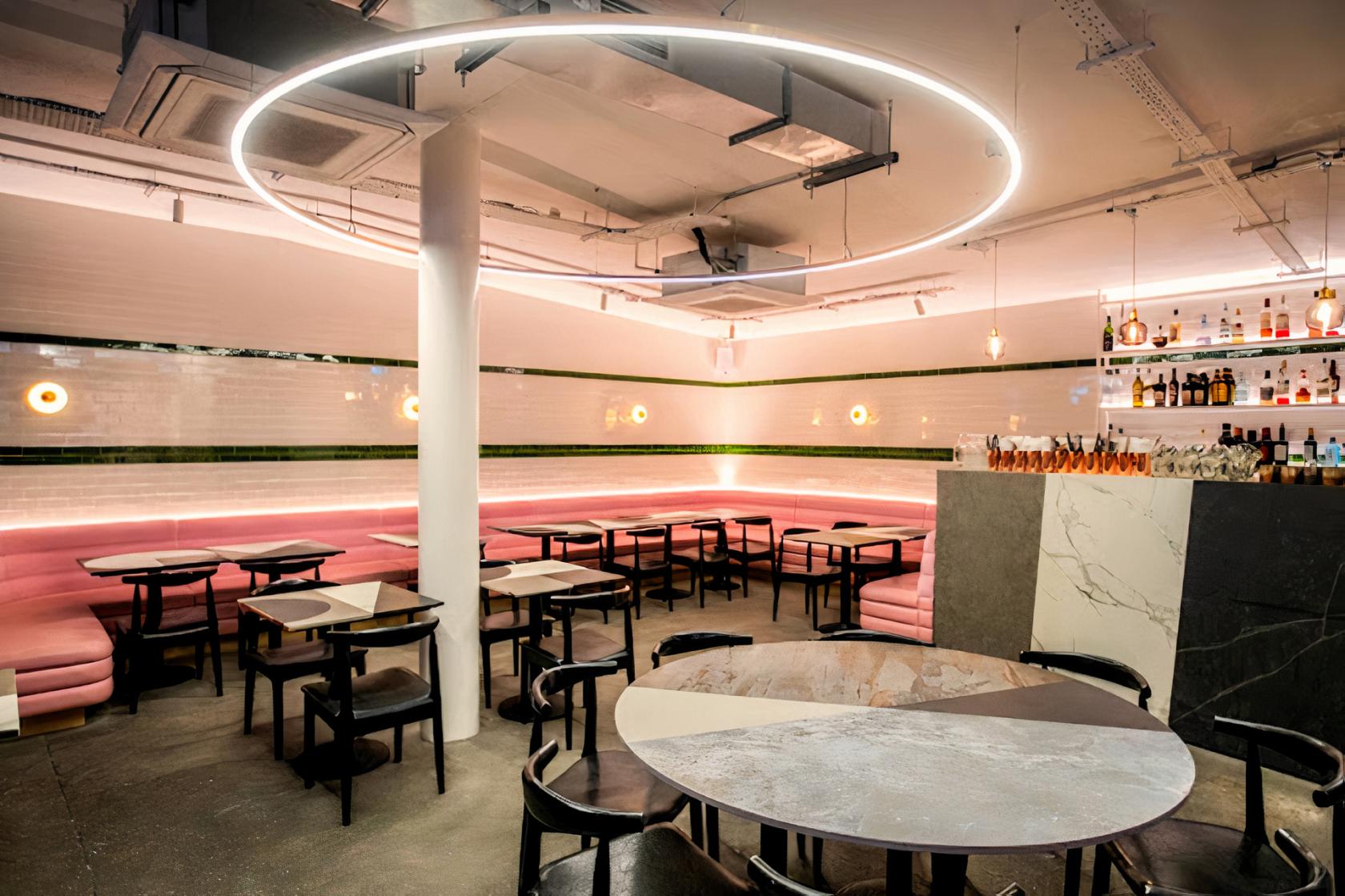 An event lounge with pink banquette seating, circular LED ceiling lights, and a marble-topped bar at Le Bab Covent Garden.