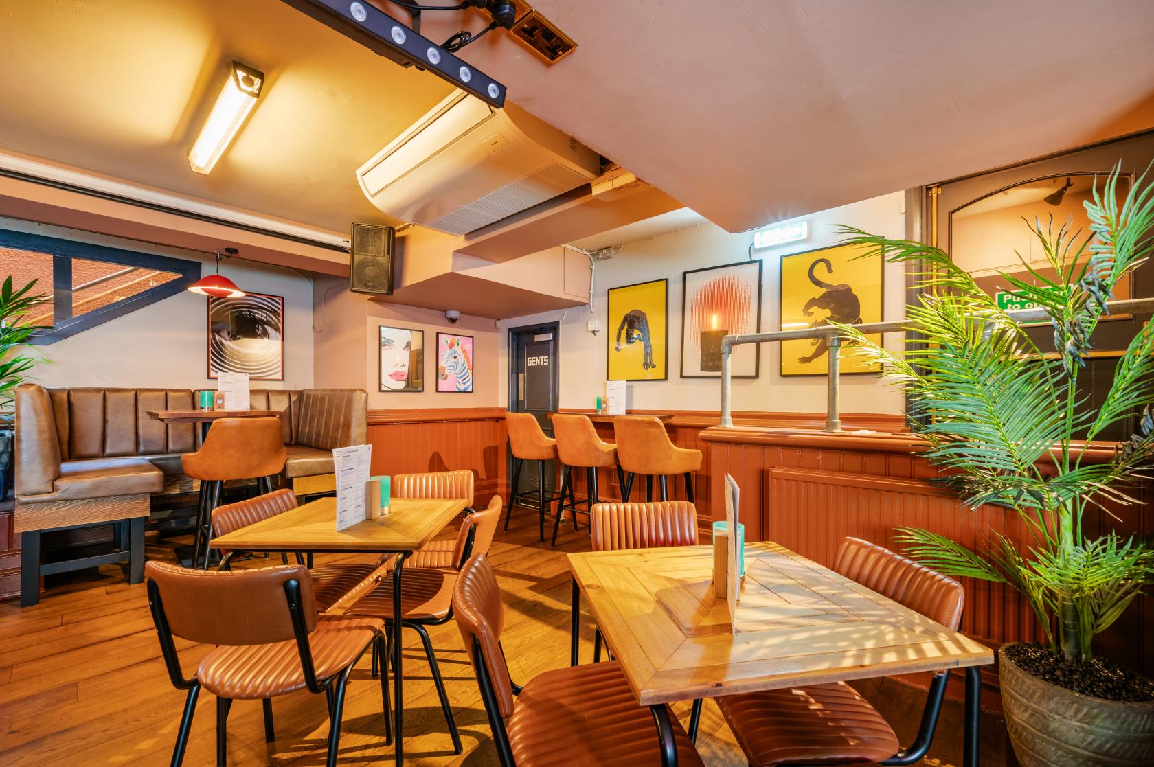 A pub basement with wood flooring, orange chairs, framed wall art, and potted plants at The Royal George.