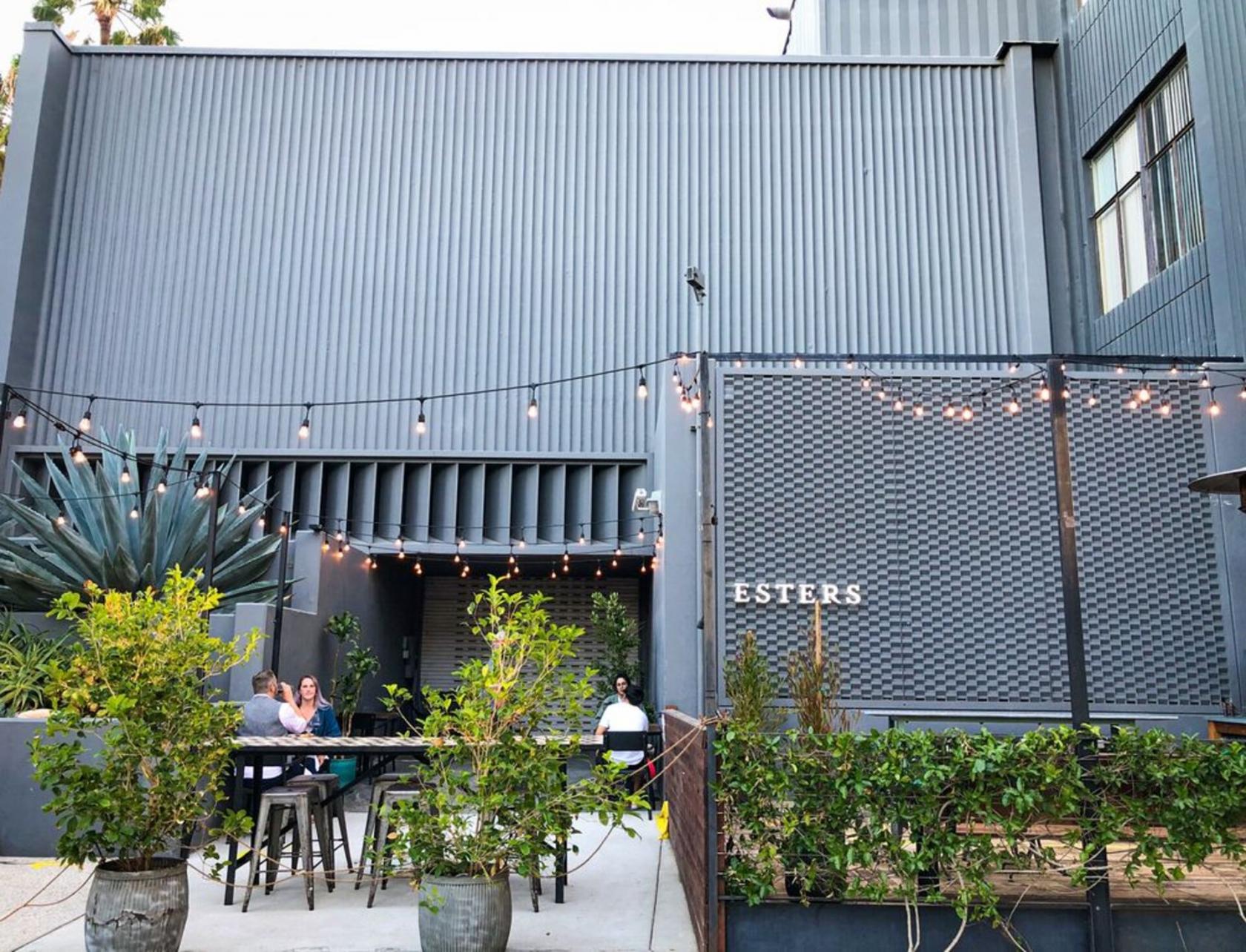 A patio terrace with string lights, tall plants, and outdoor seating at Esters Wine Shop & Bar.