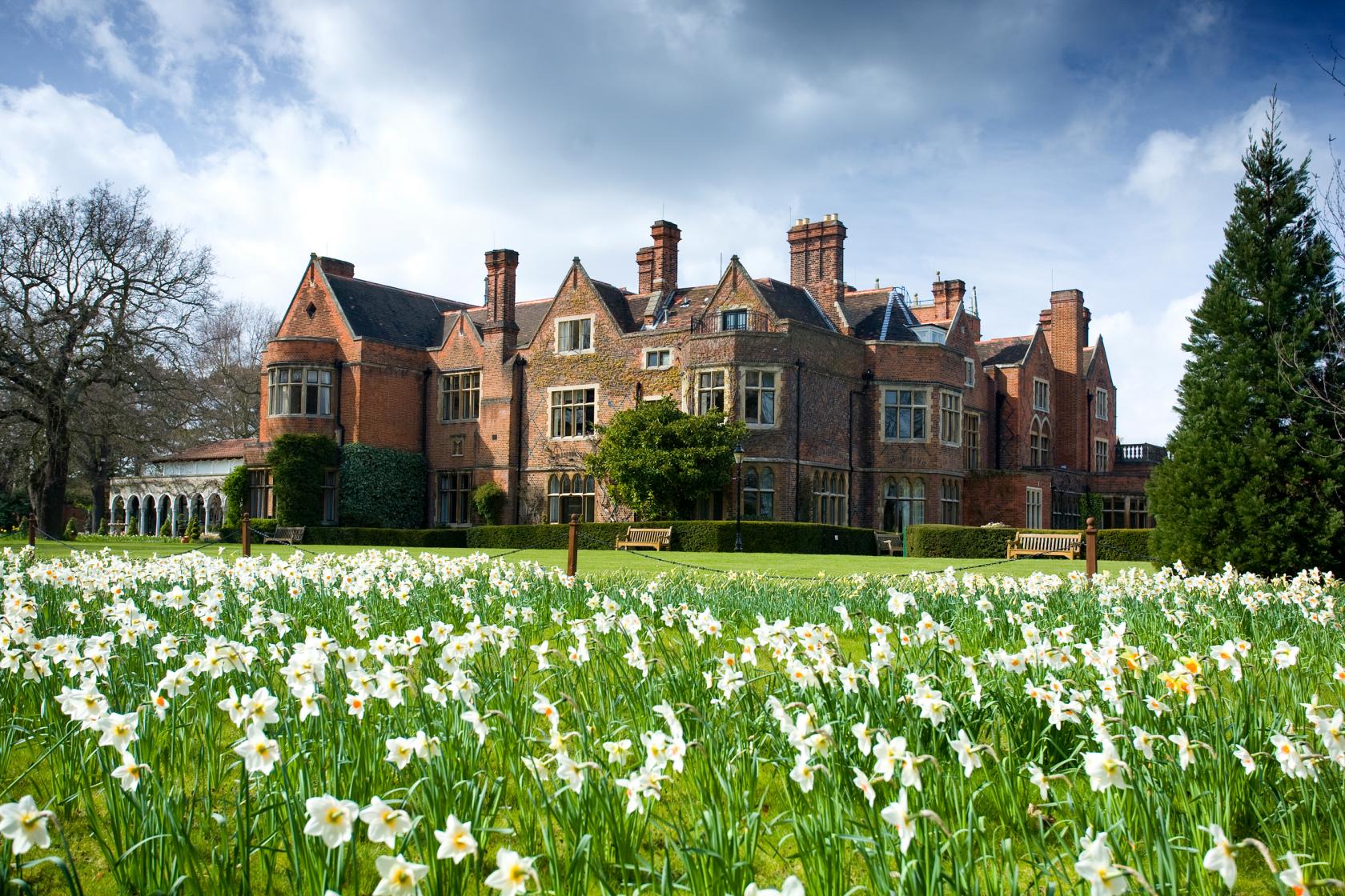 A historic brick building with tall chimneys, ornate windows, and a lawn filled with blooming daffodils at Warren House Hotel.