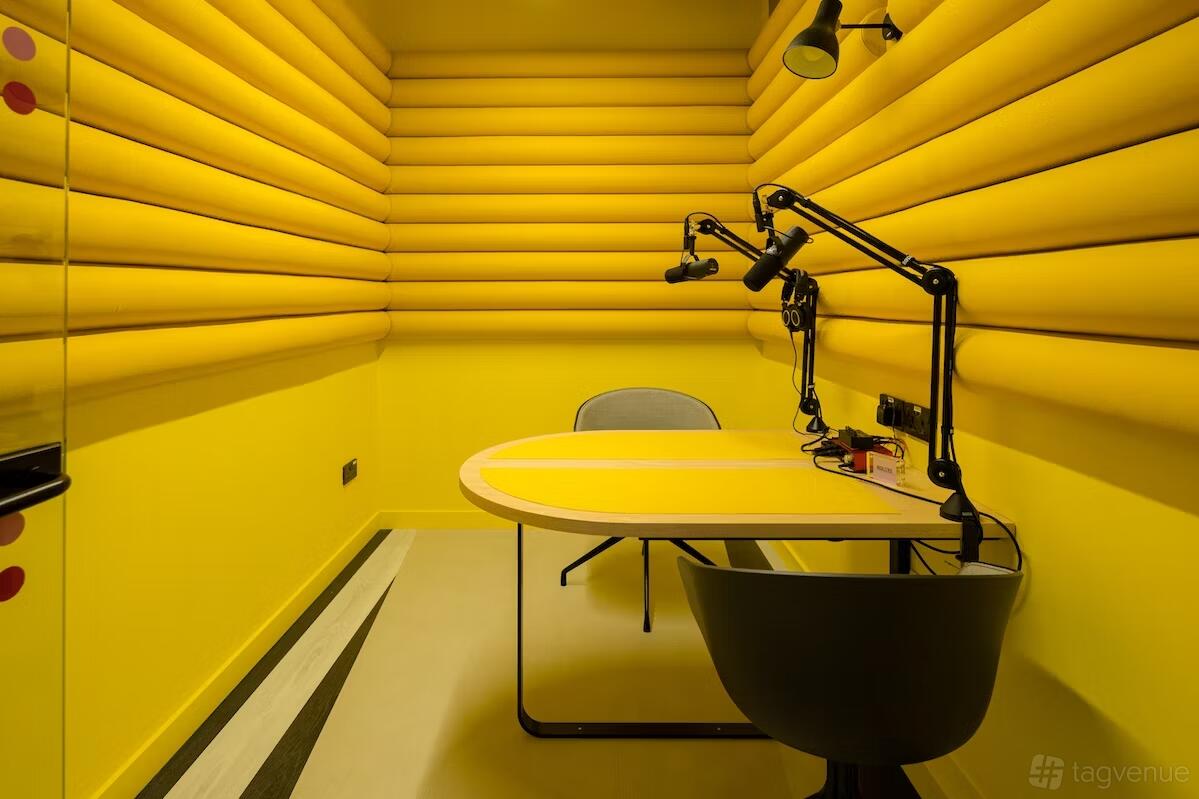 Huckletree Ancoats yellow sound-treated podcast booth