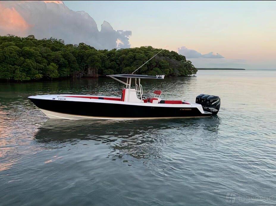 A sleek black-and-white yacht with twin outboard engines and a covered helm on the water at Jerico Yacht Charters.