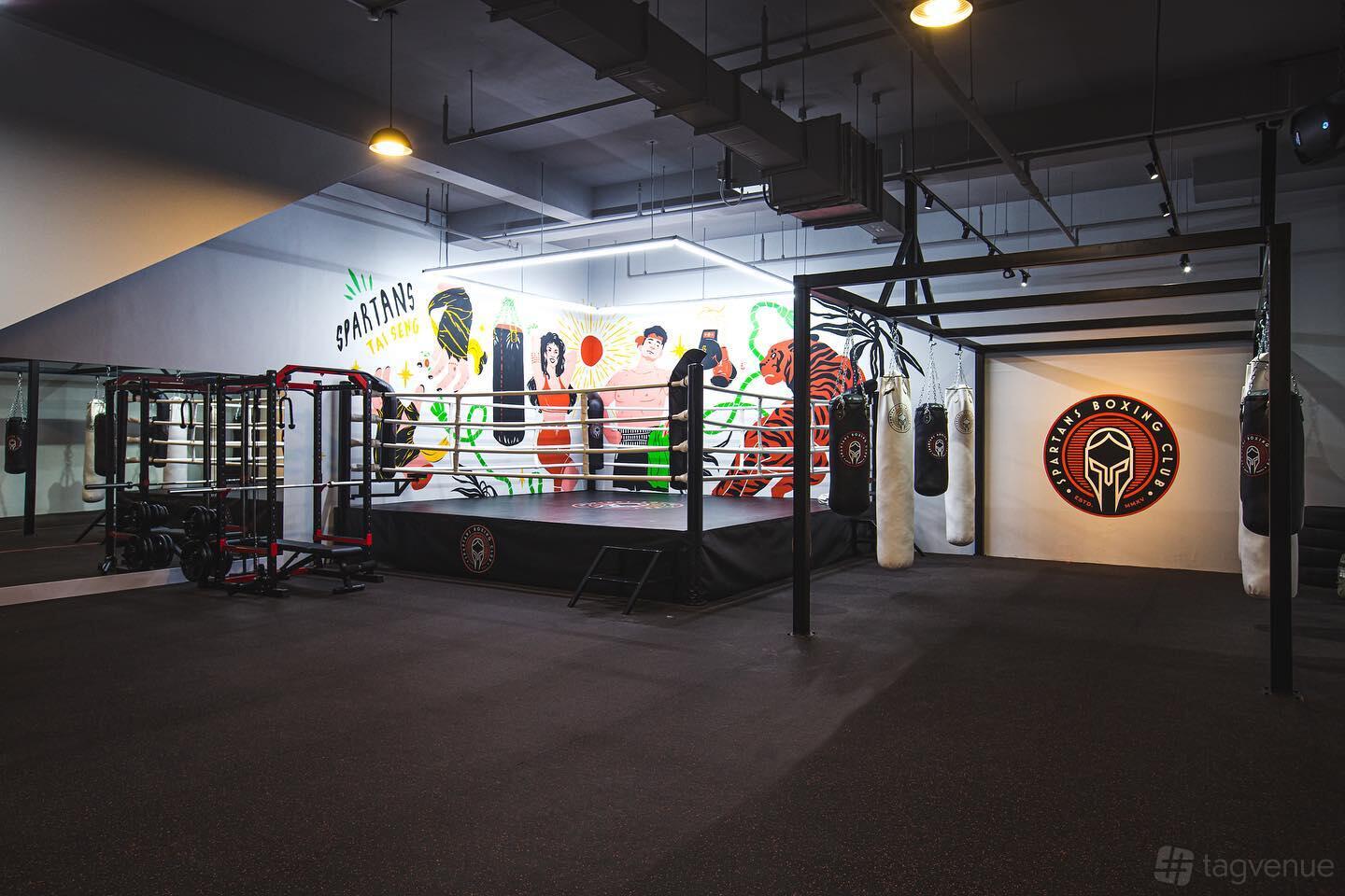 A fitness studio with a boxing ring, hanging punching bags, wall murals, and mirrored walls at Spartans Boxing Club Tai Seng.
