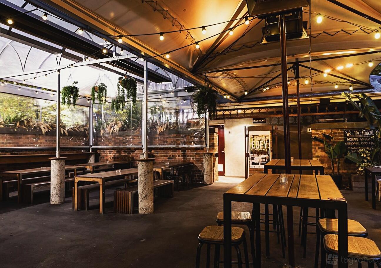 A covered beer garden with hanging plants, exposed brick walls, wooden tables, and string lights at The Mint Bar & Restaurant.