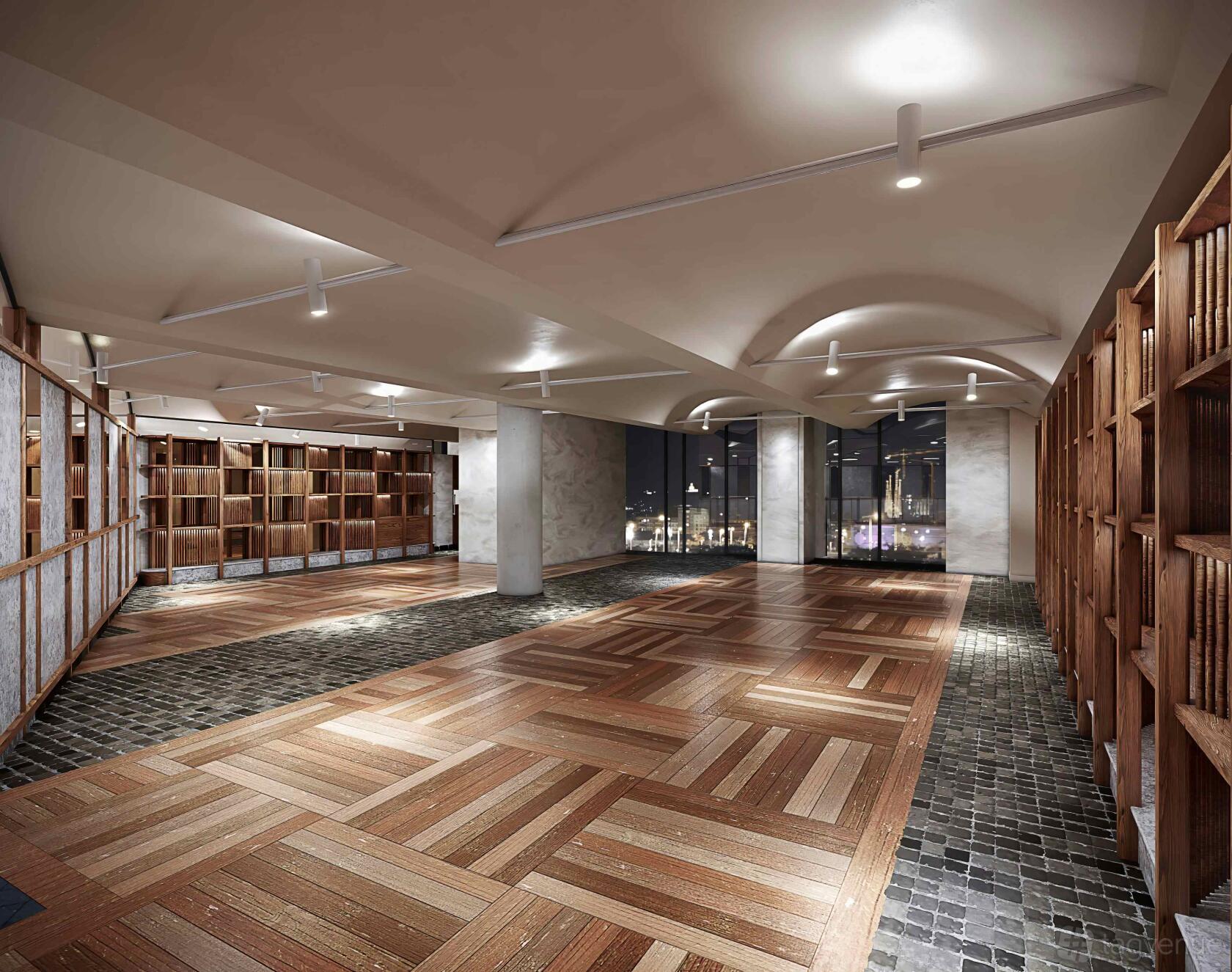 An event space with wooden parquet flooring, floor-to-ceiling bookshelves, and large windows overlooking the city at 12-Micron.
