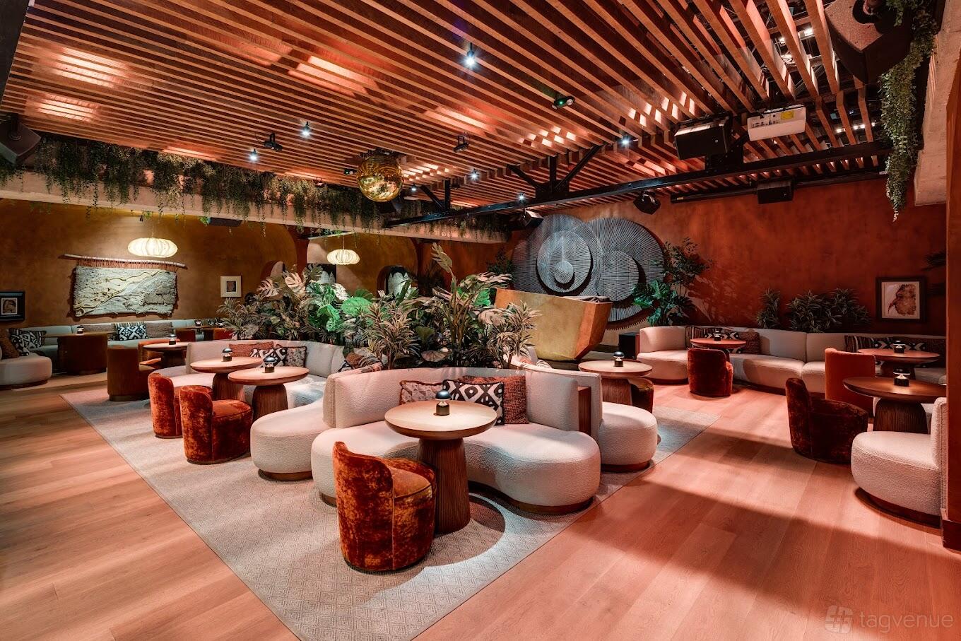 A restaurant interior with curved booths, velvet chairs, hanging greenery, and wood slat ceiling at MILA Restaurant.