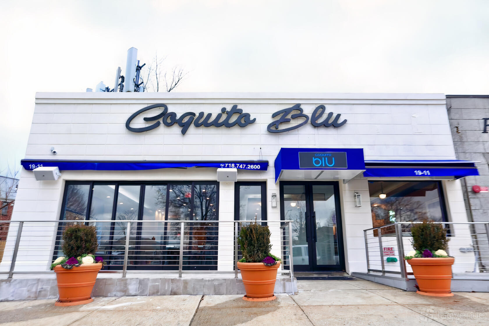 A restaurant exterior with blue awnings, large windows, and potted plants at the entrance at Coquito Blu.