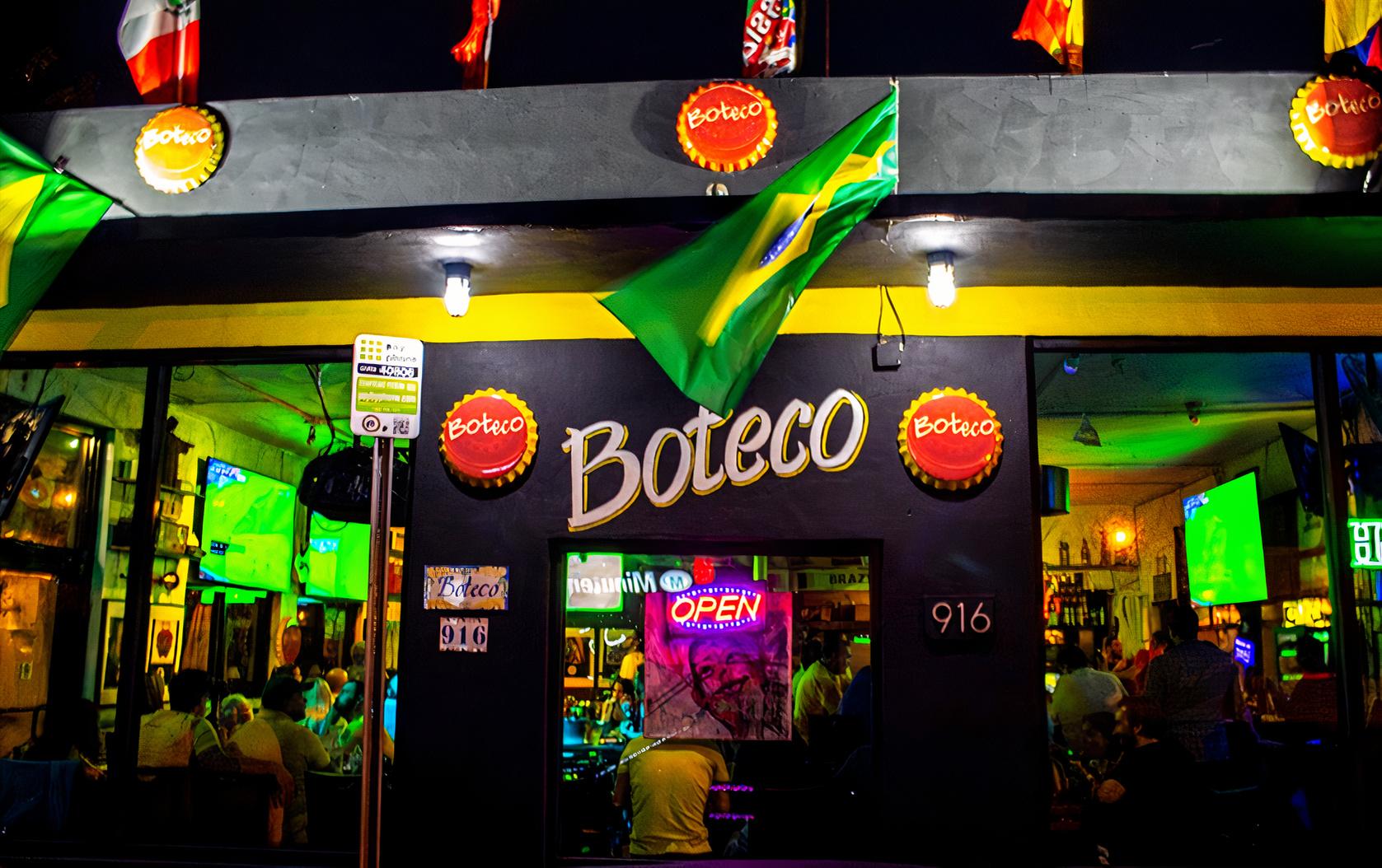 A restaurant exterior with large windows, neon signage, and Brazilian flags at Boteco.