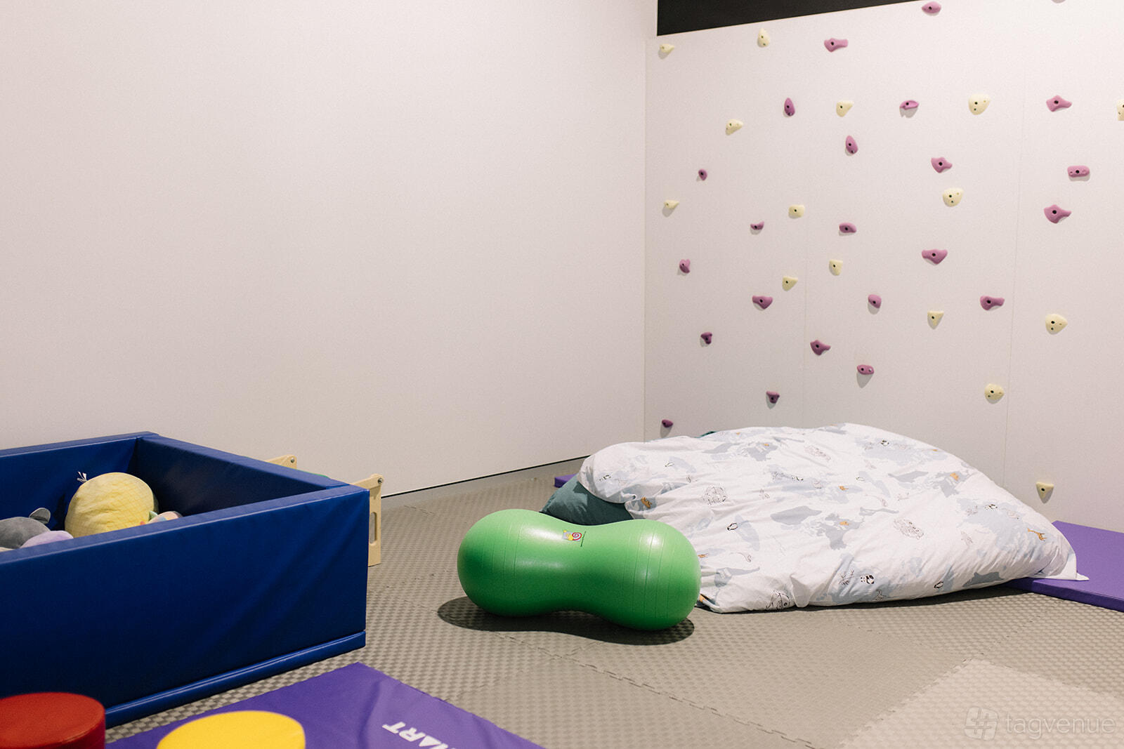 A therapy room with a padded floor, sensory toys, bean bag seating, and a climbing wall at Inside Out Therapy.