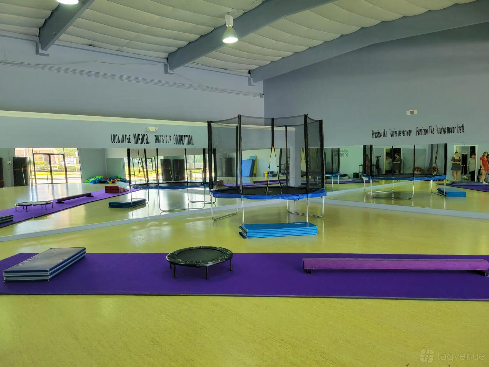 A dance studio with mirrored walls, a trampoline, mats, and purple exercise flooring at Atascocita Dance Academy.
