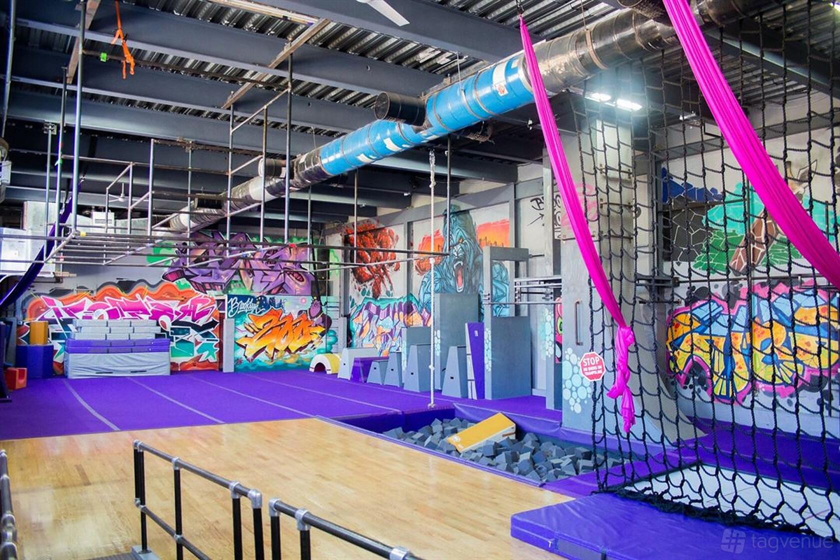 A fitness studio with purple padded floors, foam pit, aerial silks, and graffiti walls at Brooklyn Zoo.