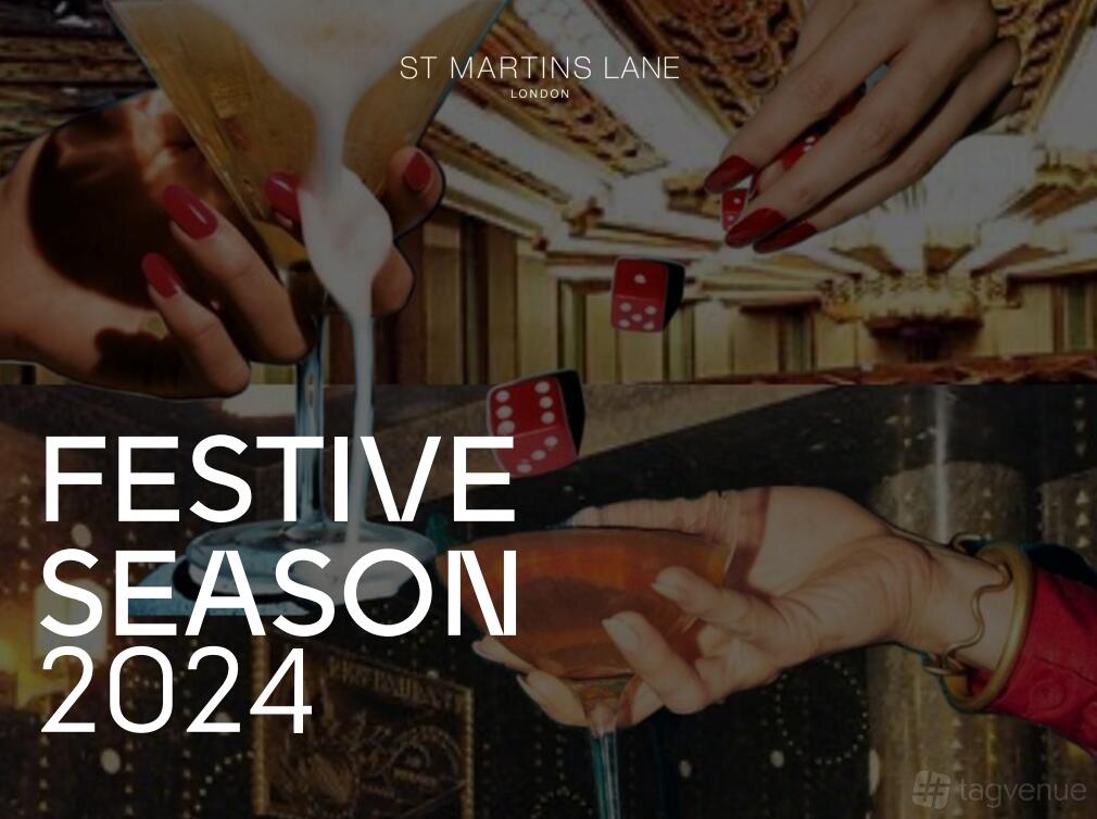 An event space with decorative cocktails, ornate ceiling details, and hands holding dice at St Martins Lane London.