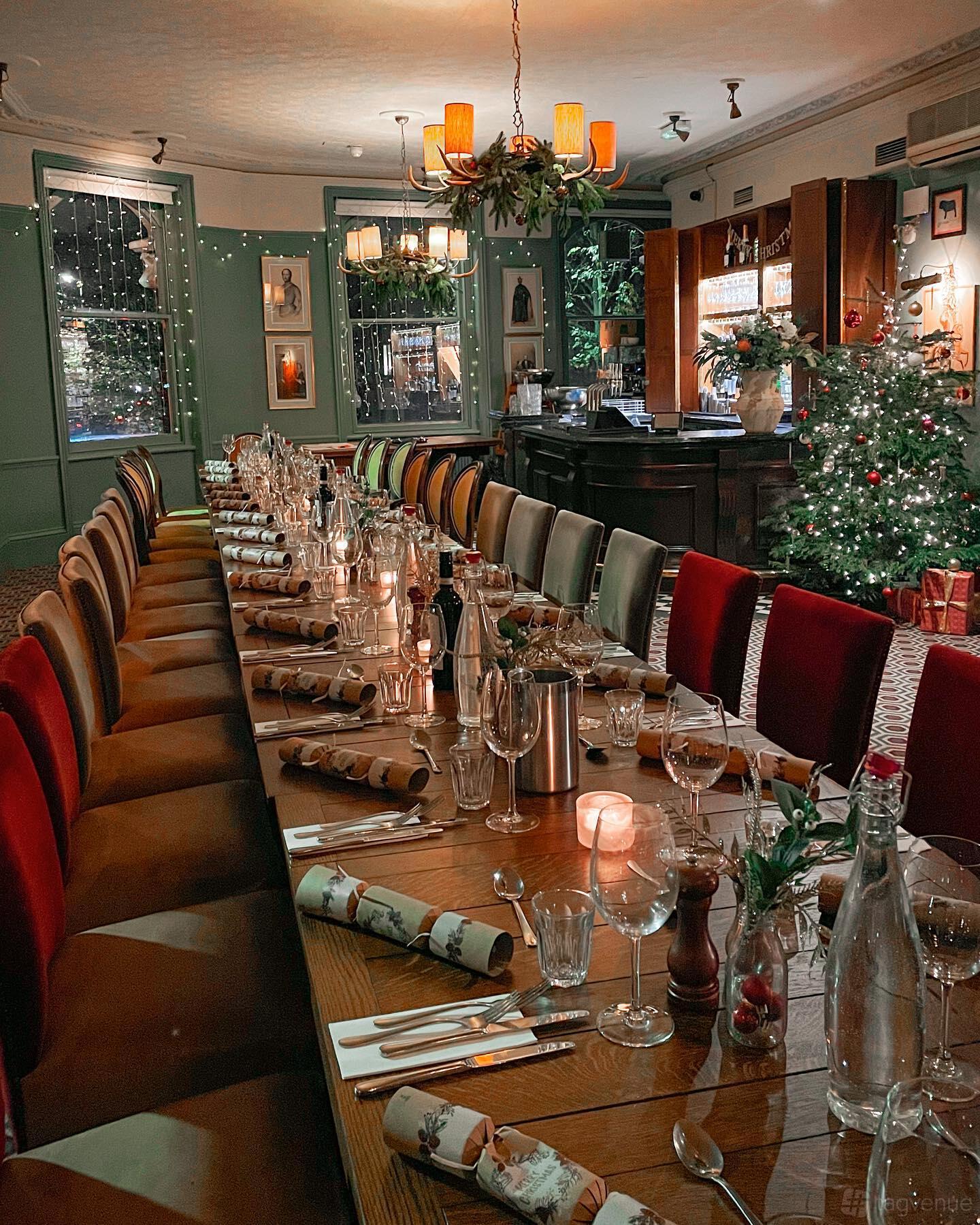 A function room in a pub with a long wooden dining table set for a festive meal, surrounded by cushioned chairs at The Prince Albert.