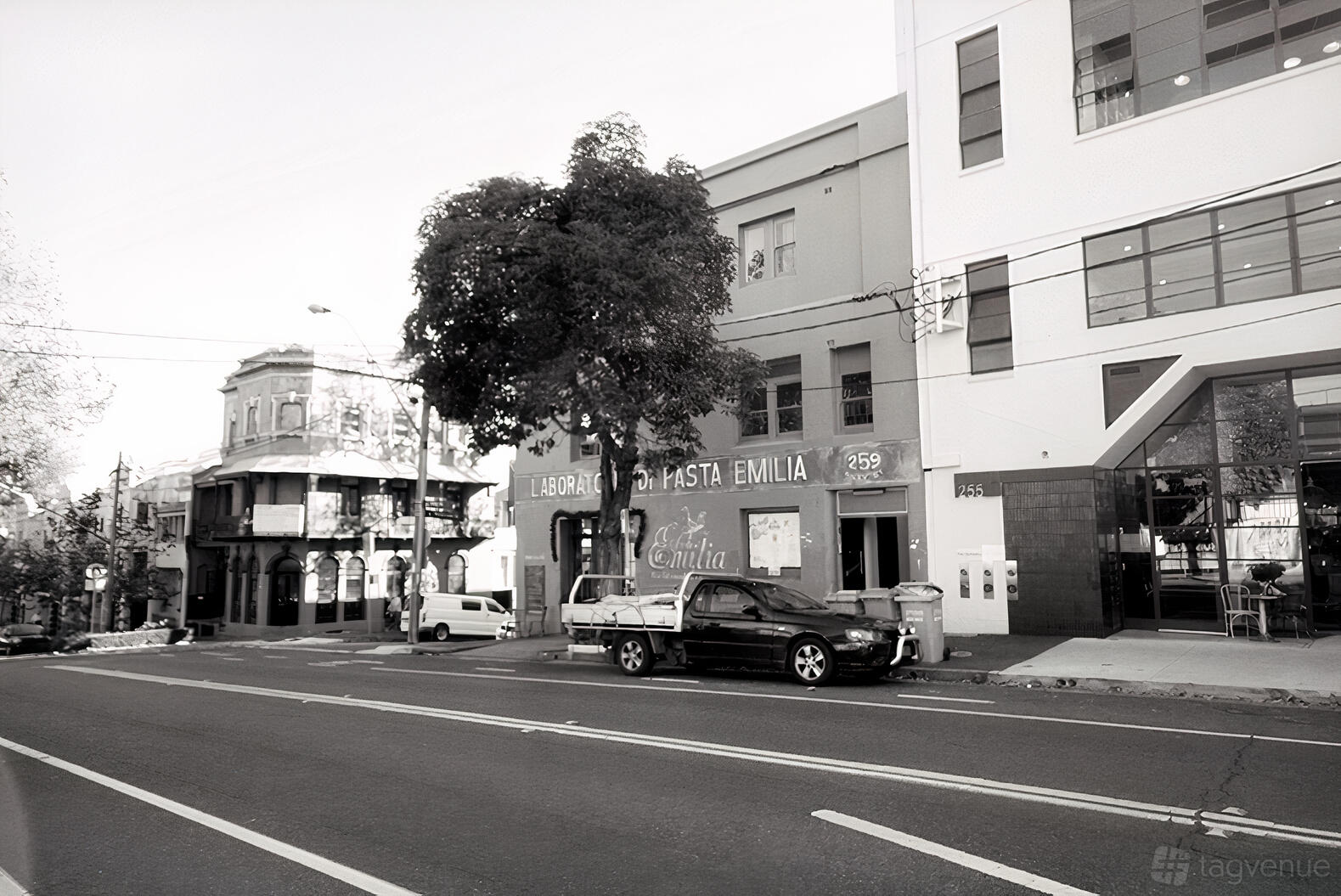 A film and photo studio with a contemporary exterior facade and large street-facing windows at Riley Street Studio.
