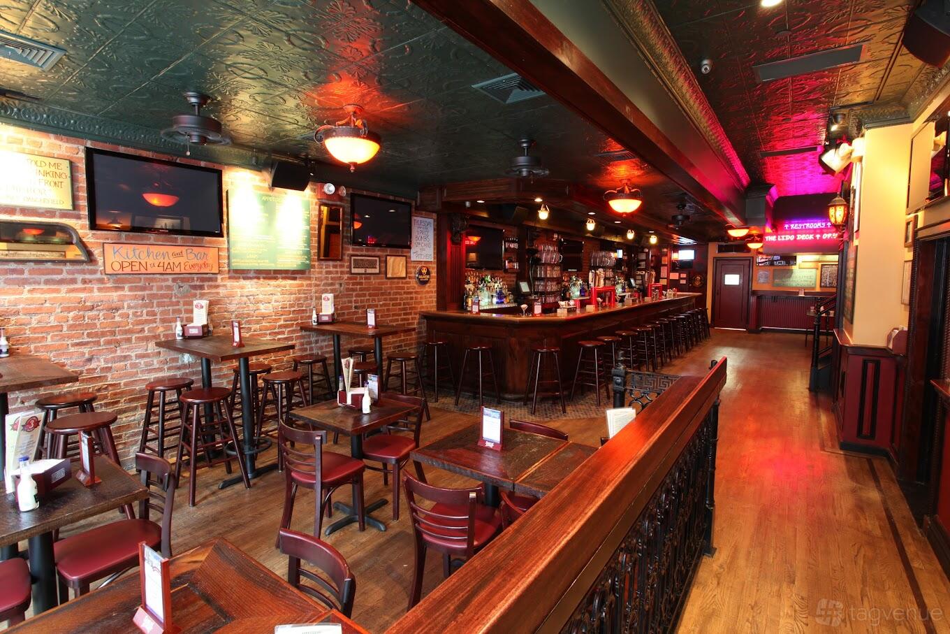 A bar with exposed brick walls, high tables with wooden stools, and a long counter at 3 Sheets.