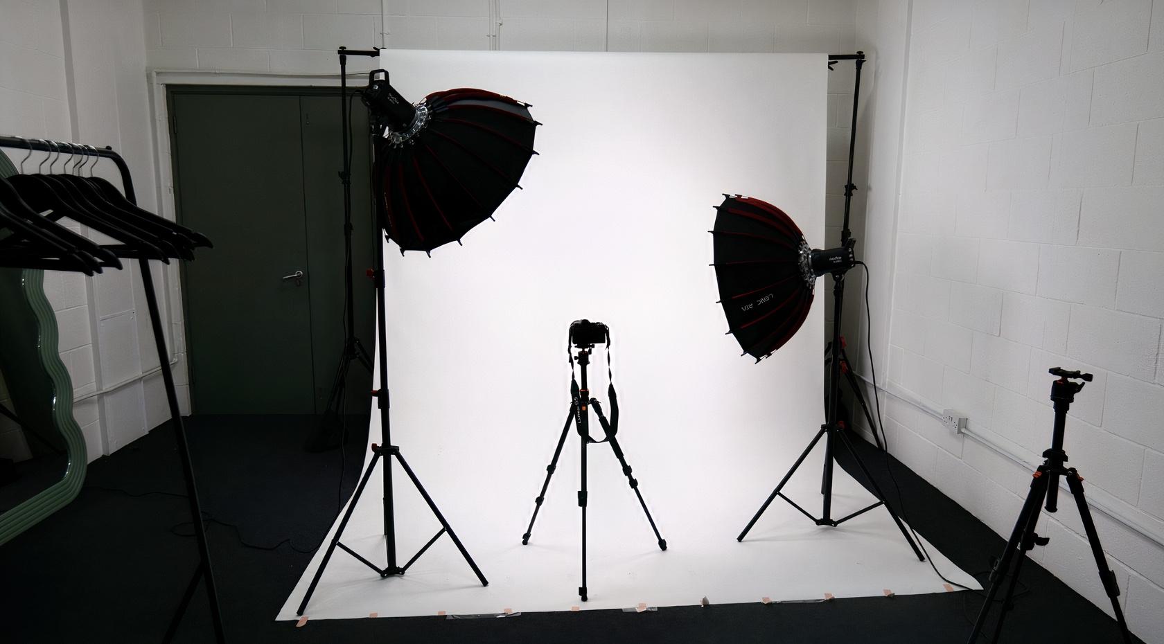 A photo studio with a white backdrop, two umbrella lights, and a camera on a tripod at S25 Studios.