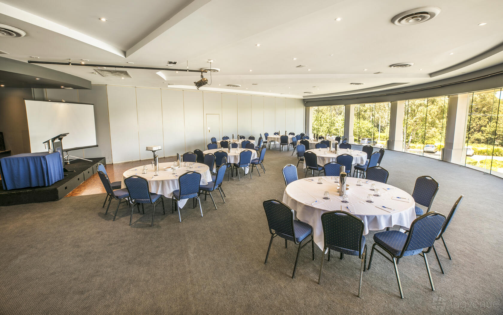 A function room with round tables covered in white linens, blue chairs, carpeted floors, and large windows at Manningham Hotel.