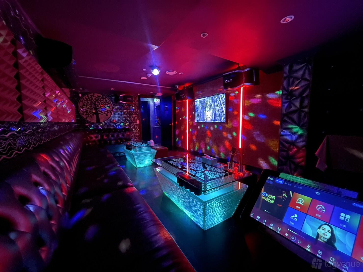 A karaoke bar with LED-lit seating, disco lights, and a wall-mounted screen at D1 Karaoke Sydney.