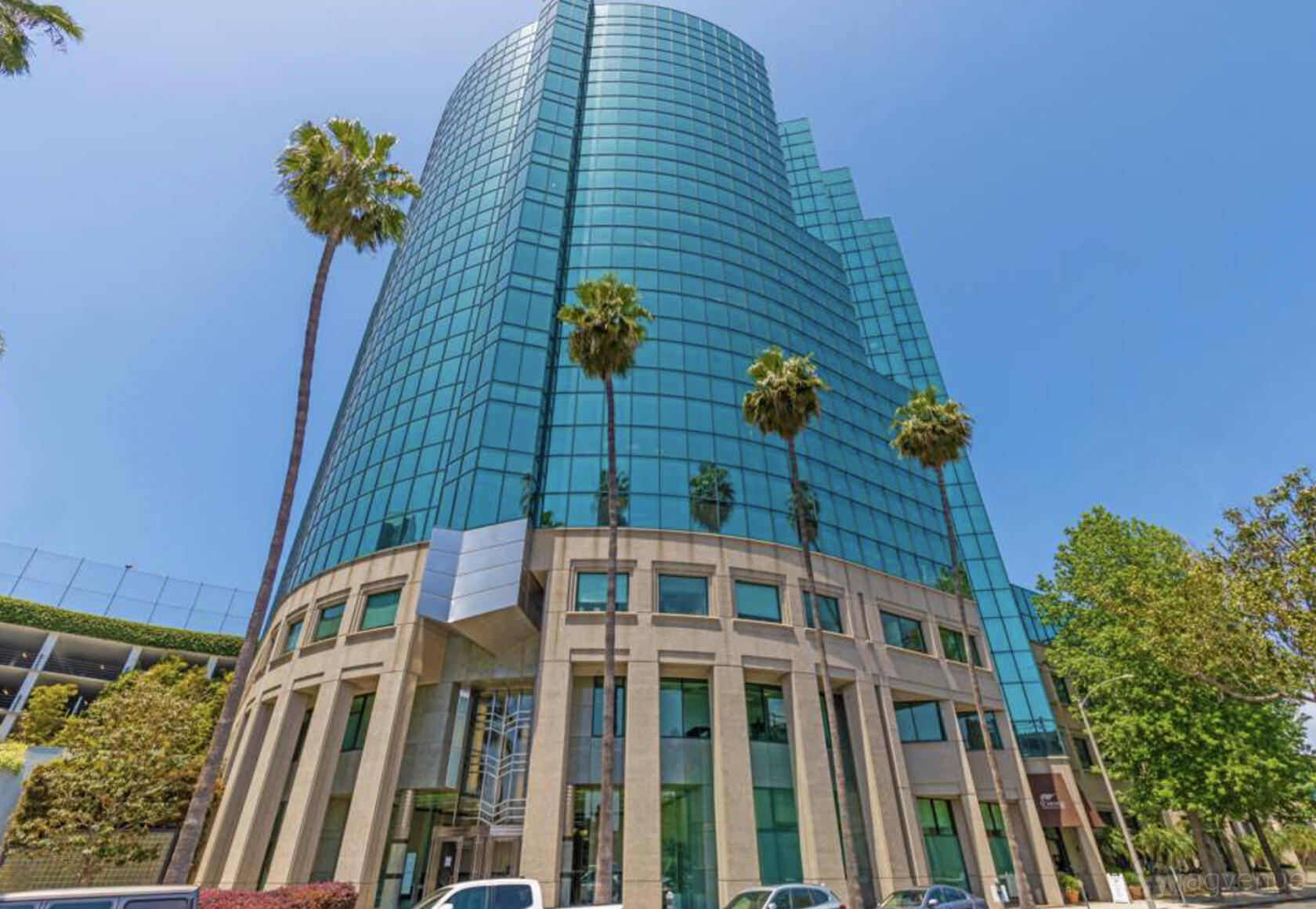 A glass-fronted office tower with palm trees at Premier Workspaces - Executive Tower.
